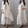 Kayotuas Women Dress Summer Boho Ethnic Cotton Linen Long Sleeve Maxi V-Neck Loose 3 Colors Casual Ladies Clothes Outfit 210522