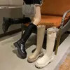 Ny knä hög långa riddare stövlar kvinnor höst bälte spänne tjockläted stretch boots mode läder dragkedja designer martin stövlar y1018