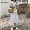 Yitimuceng Robes florales pour femmes Summer Korean Fashion Midi Robe à manches courtes Bureau Lady Noir Blanc Sundress 210601