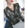 Kadınlar Dantel Gömlek Uzun Kollu Sonbahar Kore Gevşek Baskılı V Yaka Zayıflama Zarif Moda Giyim Bluz P392 210527