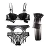 Bras Sets Varsbaby Sexy Lace 1/2 Cup Push Up Lingerie Set Bra+panties+garter+stockings 4 Pcs ABCD