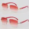 Selling Rimless Red Wood C Decoration Vintage Luxury Sunglasses Square shape face Carving Lens Unisex driving glasses 18K gold met331b