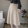 Spring Women Double Button Medium A-line Skirt Casual Female Solid Color Office Lady Beige Skirts 210430