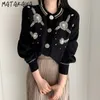 MATAKAWA Heavy Embroidery Beaded Woman Sweaters Korean Chic Retro Round Neck Cardigan Single-breasted Sweaters for Women 210513