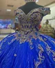Königsblau-goldene Abendkleider für 15 Jahre 2021, Puffy Quinceanera-Kleid, Sweet 16-Kleid, schulterfreies Quinceanera-Ballkleid198i