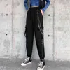 Qweek punk kvinnor svart lastbyxor med kedja gotisk hippie joggare techwear lösa höga midja breda byxor kvinnlig mall goth 211118