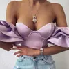Sexy Strapless Crop Top Satin Bustier Solid Off Shoulder Multi-Layered Ruches Korte Mouw Backless Woman Shirt Blouse S 210603