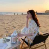 Yaz V Yaka Zarif Tatlı Elbise Kadın Kısa Kollu Çiçek Baskılı Elbise Kore Tarzı Yay Kadınlar Için Rahat Plaj Elbise 210521