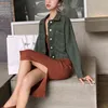 Women's Short Cropped Denim Green Jacket Button Front Long Sleeves Jean Jackets For Women Turn Down Collar C0038 210514
