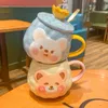 Керамическая кружка медведь с крышкой короны и ложкой прочный мультфильм милая чашка картины животных для молочного кофе чай сок