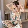 Pijamas de verão imitação de seda lapela de seda lapela solta estilo fino serviço doméstico meninas de mangas curtas calças de mangas curtas de duas peças terno 211112