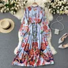 Mode Europa Stijl Lente Herfst Elegante Vrouwen Lange Mouw Vintage Floral Print Jurk Vrouwelijke Party Jurken Vestido 210428