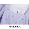 Kpytomoa Женщины сладкая мода цветочная вышивка укороченные блузки винтажные рукава на спине бабочка