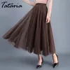 Tataria Femmes High Taille A-Line Plissionné Jupe Jupe de la cheville Casual Elegant Long Vintage Office extensible 210514