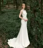 Elegancka Sukienka Mermaid Weddding Sheer Illusion Back Sweep Pociąg Aplikacje Koronki 2021 Satynowe suknie ślubne Vestidos de Mairee