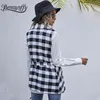 Höst Vinter Kvinnors Ärmlös Plaid Coat Dubbelbröst Fickor Casual Vest Jacka med bälte Kvinnor Ytterkläder 210510