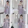 Nieuwe paarse bruidsmeisje feestjurken 2021 lange elegante tule met mouwen A-lijn Niet-overeenkomende prom jurk formele trouwgelegenheid