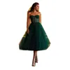 Simple Green Tulle A Line Short Prom Dresses Sweetheart Sheer Corset Top Tea Length Formal Homecoming Party Gowns2539