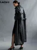 Lautaro秋の長い特大の黒いフェイクレザートレンチコート女性スリーブベルトダブルブレストルーズファッション211110