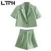 INS Basit Moda Takım Elbise İki Parçalı Set Kadınlar Yeşil Pamuk Keten Blazer Rahat Şort Kısa Takım Elbise Yaz 210427