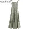 Tie Shirred SHIRRED Body Mulheres Verão Vestidos Longos Bordado Hollow Out babes Casual Tiered Midi Vestido 210604