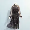 Star Moon Embroidery Dress Women Printing Mesh Puff Sleeve Long Gray Beige Navy Stand Collar Midi Party 12992 210508