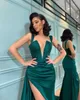 Dark Green Mermaid Pleated Evening Dresses Deep V Neck Side Split Prom Gowns Sweep Train Satin Formal Dress