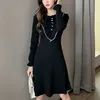 Otoño Invierno Navidad Mujeres Vestido de punto Manga larga Coreano Slim Negro Mini Casual Robe Femme Sukienka 210514