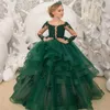 Puffy Ruffle Tiered Dark Green Flower Meisjes Jurken Ronde Hals Geappliceerd Kralen Lange Mouwen Klein Meisje Pageant Jurken Toddler Kids Communion Jurk Verjaardagsfeestje