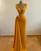 Robe de bal de forme sirène jaune, col en V profond, en Satin, Sexy, robe de soirée, Cocktail, balayage, Train, vêtements d'occasion formelles, 5s4, 2022