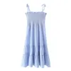 Vuwhyv blauwe ruche ruches slip jurk vrouwen elegante fairy partij midi vrouw zomer elastische verzamelde taille vestidos 210430