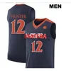 Custom XXS-6XL Vintage Men Uva Cavalier de'andre Hunter #12 College Real Embroidery Jersey of Custom enige naam of nummertrui