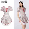 Lolita blommig tryckt viktoriansk vintage spets upp smal söta söta mini klänningar för kvinnor ung tjej 2 stycken vestidos 210421