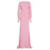 [DEAT] Spring Fashion Round Neck High Waist Floor-length Long Sleeve Pink Elegant Dress Women Quality 13C781 210527