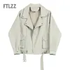Faux Deri Ceket Kadınlar Gevşek Yumuşak Ceket Kadın Fermuar Blet Biker Palto Bayanlar ile Punk Beyaz Dış Giyim 210525