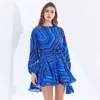 Twotwinstyle Print Boheemse jurk voor vrouwelijke O hals Lantaarn Mouw Hoge Taille Lace Up Mini Hit Kleur Jurken Vrouwelijke Mode 210517