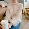 Women Mesh Sheer Blouse See-through Lantern Long Sleeve Blouse Fashion Button Transparent White Shirt Female Blusas 210326