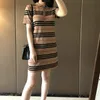 Летние корейские платья женщины полоса лоскутное свитер поло платье повседневный с коротким рукавом миди футболки платье девушка одежда Vestidos 210325