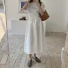 Summer Dresses Gentle Retro Solid O-Neck Elegant Vintage Party Sweet Office Lady Pleated Loose Women Chic Long 210525