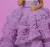Vestidos de niña de flores de encaje con cristales lilas, vestido de baile con niveles, vestidos de novia pequeños, vestidos de desfile de comunión 2021