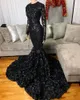 Siyah uzun kollu gece elbise denizkızı ışıltılı payetler çiçek süpürme treni mücevher boyun özel artı boyutta balo parti elbisesi vestido