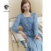 FANSILANEN Vintage autumn winter long blue denim dress Women sleeve slim elegant jeans Casual belt office 210607