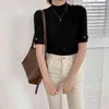 Coréen Solide Tricoté Pull Femmes Demi Col Haut Manches Boutons Tops Mode Élégant Dames Chandails Femme 210513