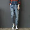 Frauen Frühling Sommer Mode Korea Stil Elastische Taille Vintage Stickerei Kalb Länge Harem Hosen Büro Dame Beiläufige Lose Jeans 210922