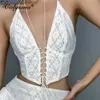 Colysmo Lace Halter Top Hollow out Tie up Low Cut Deep V Neck Solid Color White Crop Women Sexy Fashion Club Party Cami 210527