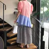 Kvinnor Sommar Casual Loose SpliceCd Ruffle O-Neck Puff Sleeve Pullover Plaid Ankellängd Straight Dress D3996 210514