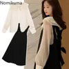 Nomikuma plus size vrouwen tweedelige set lange mouw shirt terug lace up algehele jurk vrouwelijke oversize jurken outfits sets 3D321 210514