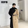 IEFB Men's clothing Design Windbreaker With Belt Personality Hit Color Patchwork Loose oversize Long Coat Male trech 9Y189 210524