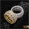 Cluster Rings Jewelry3 Rij Solitaire Mens Koper Charm Gold Sier Kleur A + Cubic Zirkoon Iced Ring Fashion Hip Hop Sieraden voor Mannen Drop levering