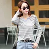 Frühling Plus Größe V-ausschnitt T-Shirt Frauen Langarm Streifen T-shirt Herbst Casual Mode Koreanische Baumwolle T-stück Lose Dame Kleidung 210510